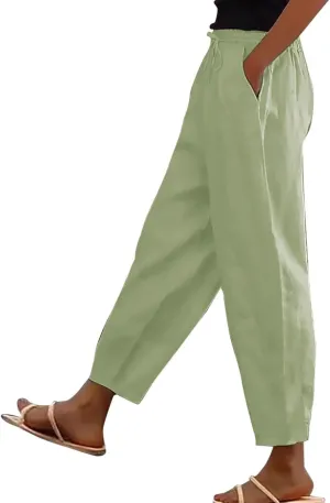 Linen Pants Women with Pockets High Elastic Waist Slim Fit Slacks Straight Leg Drawstring Palazzo Pants
