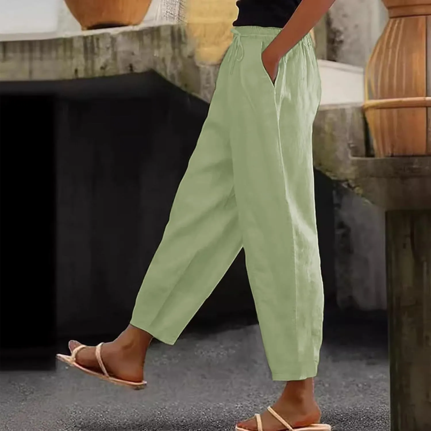 Linen Pants Women with Pockets High Elastic Waist Slim Fit Slacks Straight Leg Drawstring Palazzo Pants