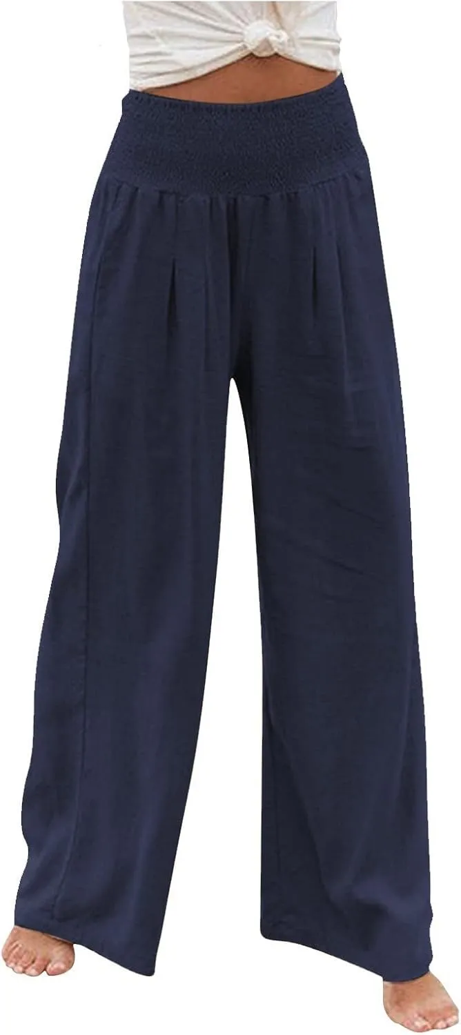 Linen Pants Women,Elastic Waist Wide Leg Palazzo Pants for Women Stretchy Trendy Vacation Trousers Plus Size