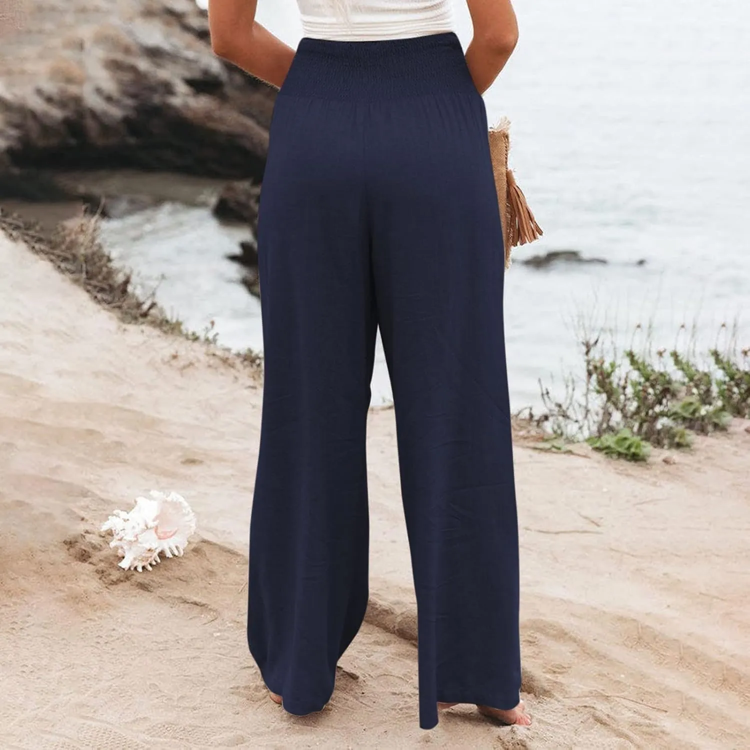 Linen Pants Women,Elastic Waist Wide Leg Palazzo Pants for Women Stretchy Trendy Vacation Trousers Plus Size