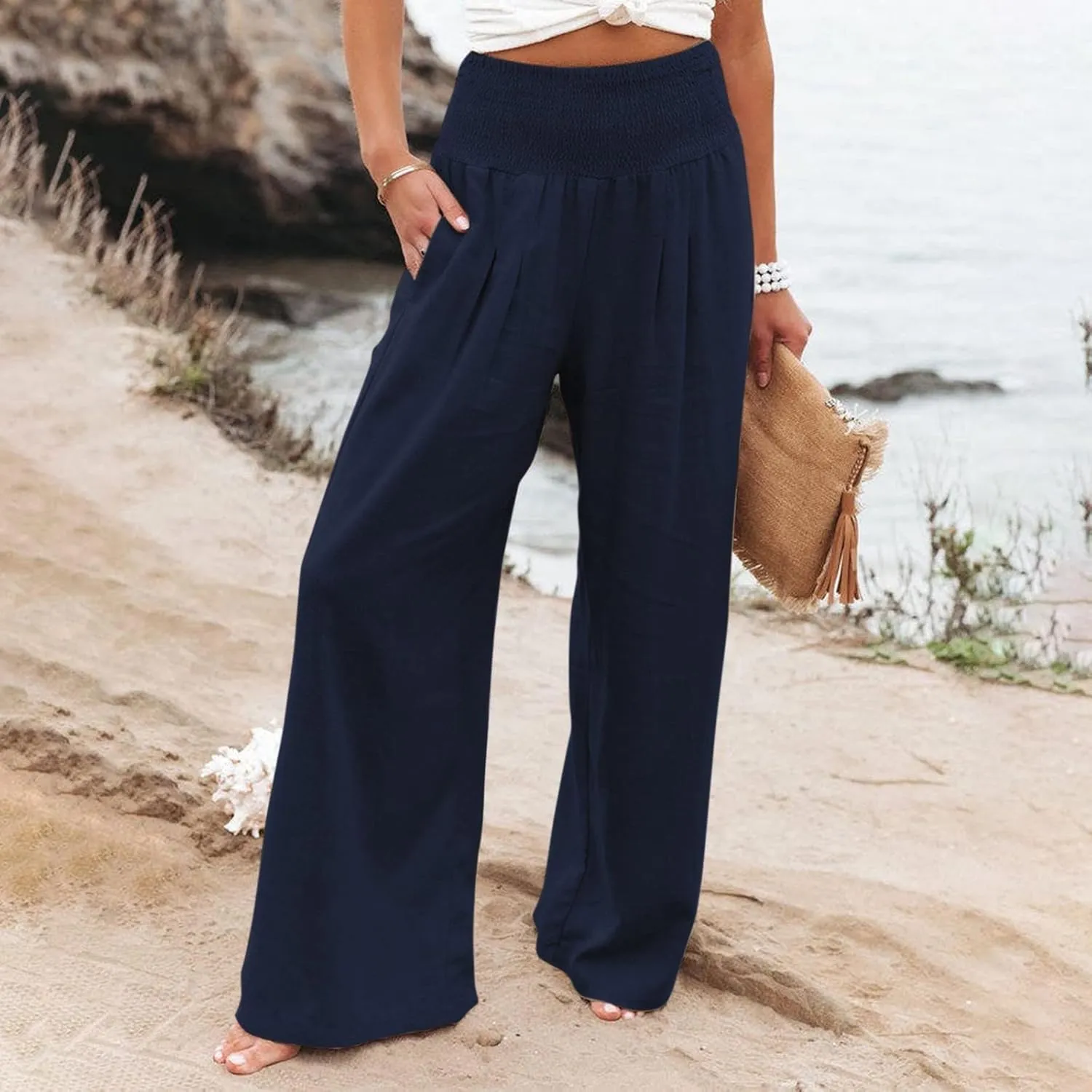 Linen Pants Women,Elastic Waist Wide Leg Palazzo Pants for Women Stretchy Trendy Vacation Trousers Plus Size