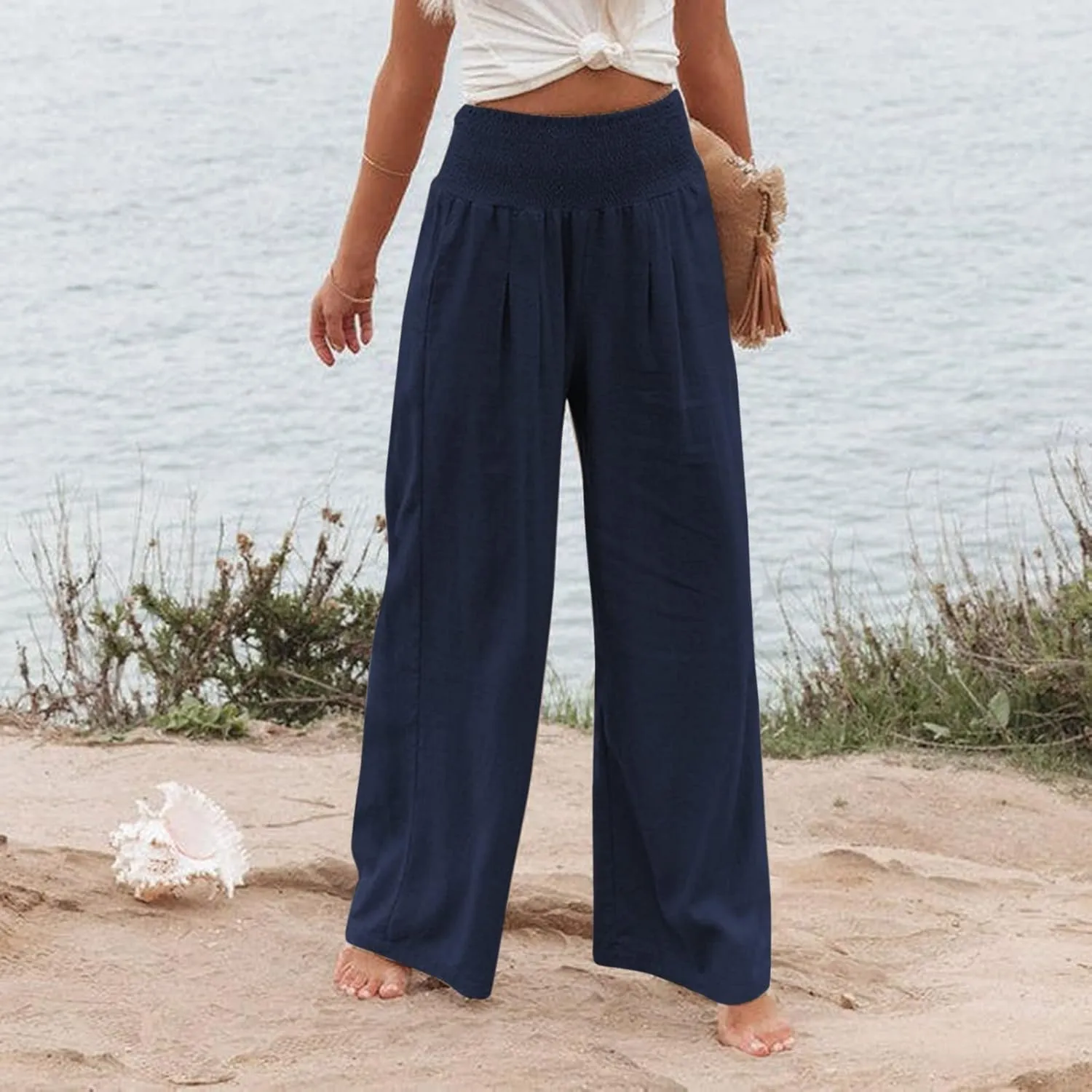 Linen Pants Women,Elastic Waist Wide Leg Palazzo Pants for Women Stretchy Trendy Vacation Trousers Plus Size