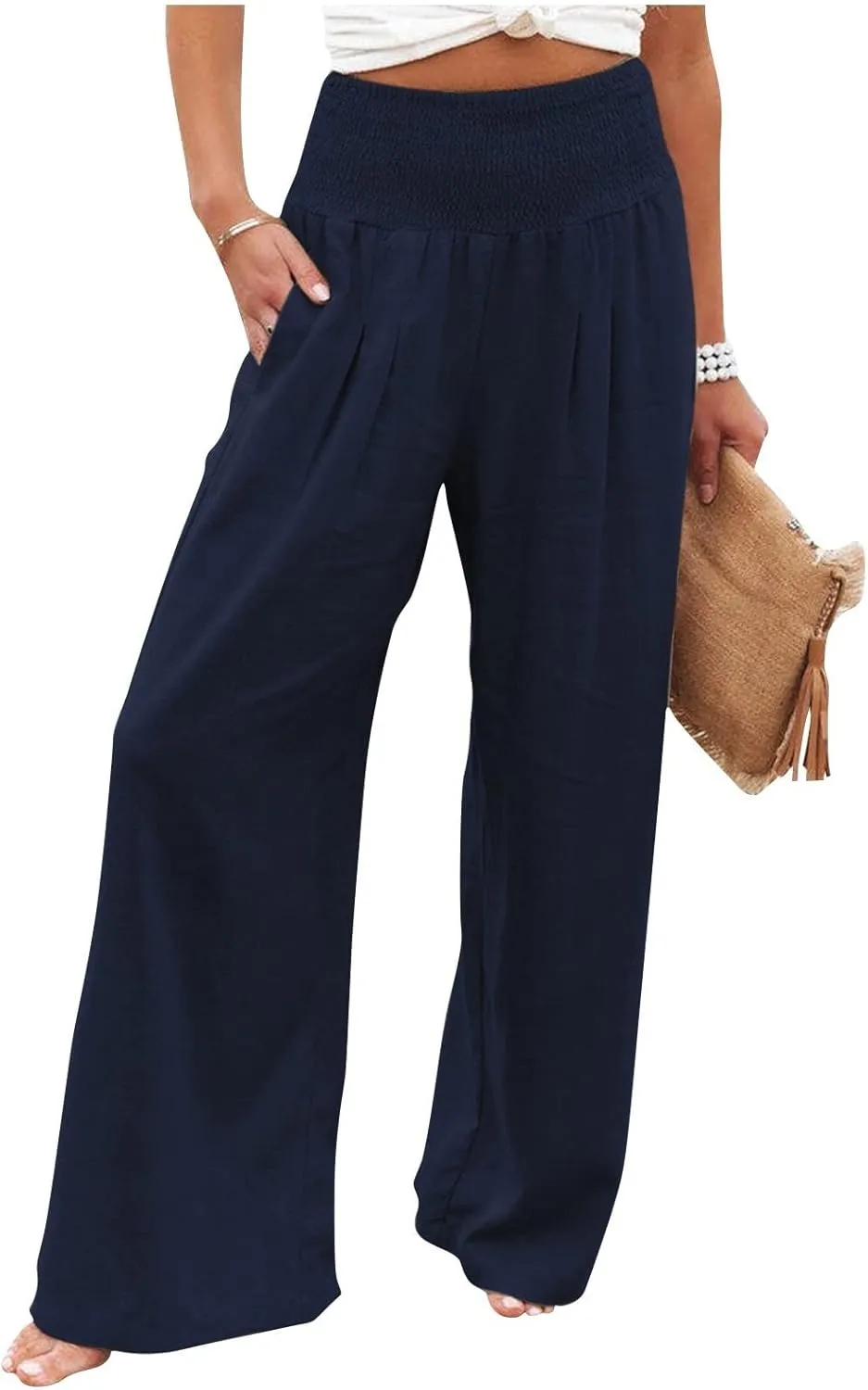 Linen Pants Women,Elastic Waist Wide Leg Palazzo Pants for Women Stretchy Trendy Vacation Trousers Plus Size
