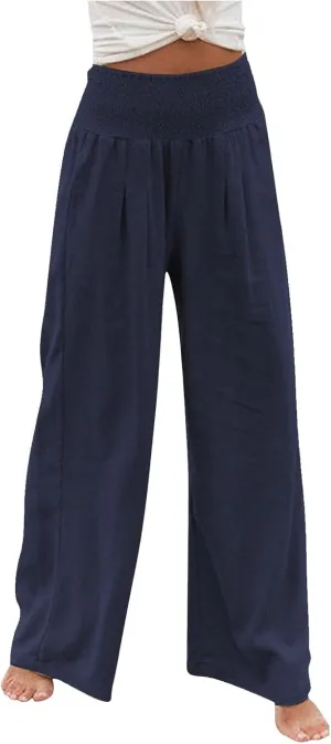 Linen Pants Women,Elastic Waist Wide Leg Palazzo Pants for Women Stretchy Trendy Vacation Trousers Plus Size