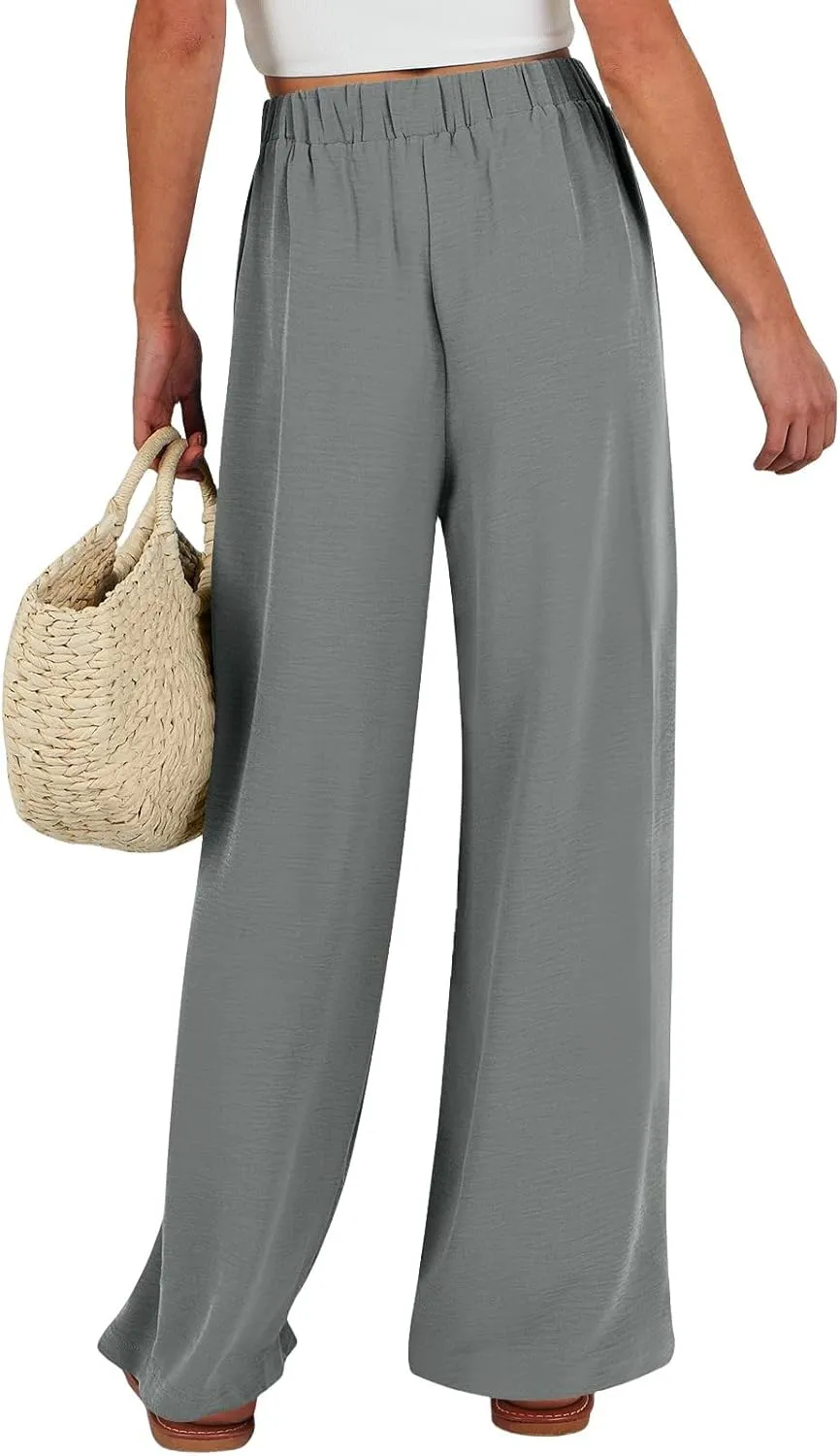 Linen Petite Pants for Women High Waisted Lounge, White Wide Leg Pants for Women Dressy Straight Leg Trousers
