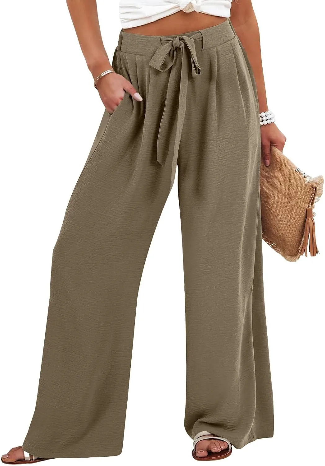 Linen Petite Pants for Women High Waisted Lounge, White Wide Leg Pants for Women Dressy Straight Leg Trousers