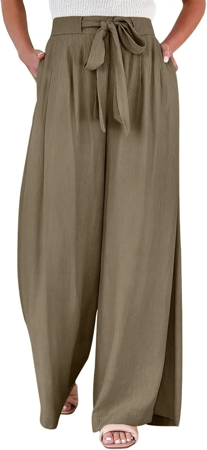Linen Petite Pants for Women High Waisted Lounge, White Wide Leg Pants for Women Dressy Straight Leg Trousers