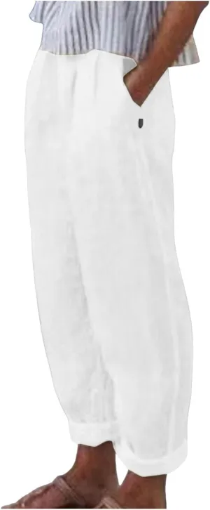 Linen Wide Leg Pants for Woman High Waisted Pull On Button Drawstring Baggy Casual Summer Palazzo Pants with Pockets