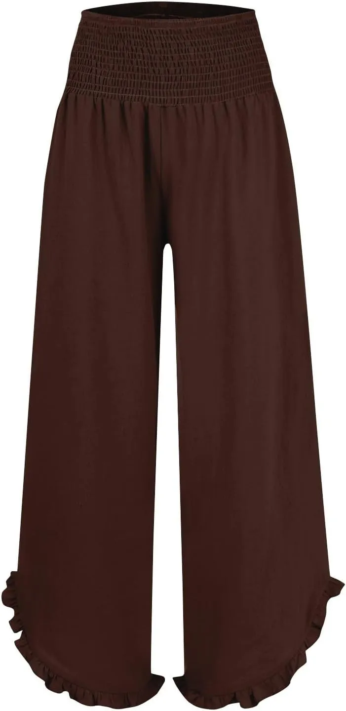 Linen Wide Leg Pants for Women Smocked Elastic Waist Flowy Lounge Pants Summer Casual Beach Ruffle Hem Palazzo Pants