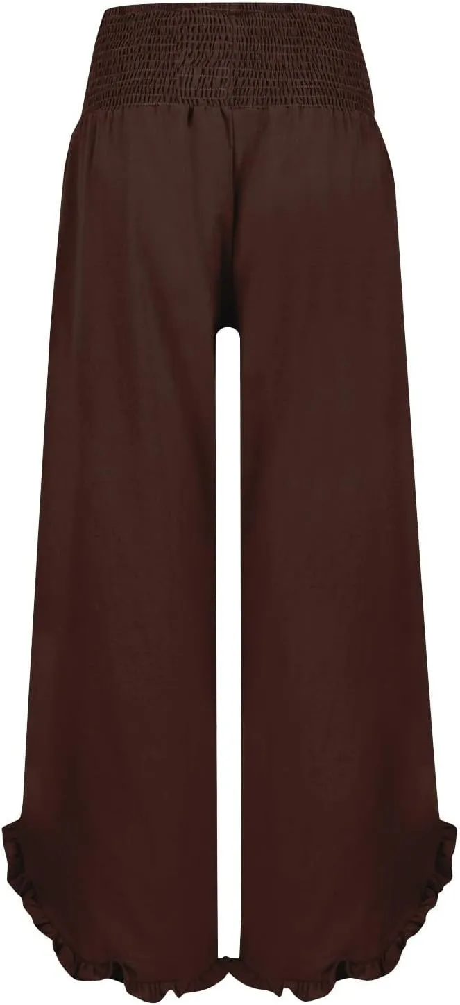 Linen Wide Leg Pants for Women Smocked Elastic Waist Flowy Lounge Pants Summer Casual Beach Ruffle Hem Palazzo Pants