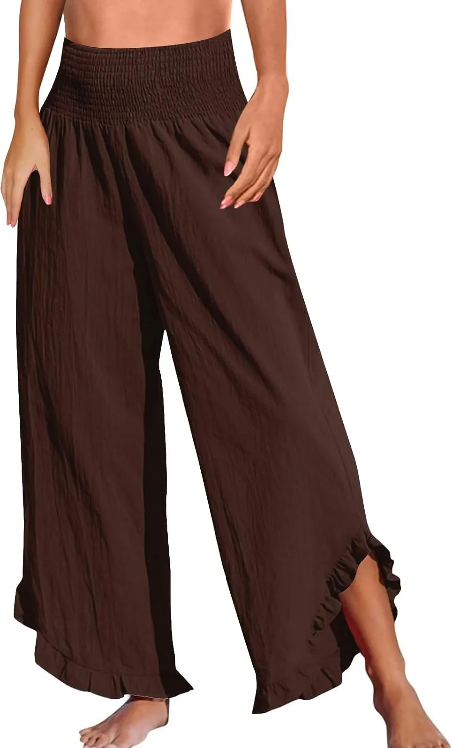 Linen Wide Leg Pants for Women Smocked Elastic Waist Flowy Lounge Pants Summer Casual Beach Ruffle Hem Palazzo Pants