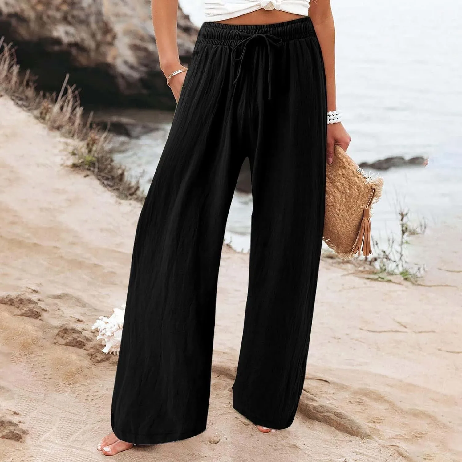 Linen Wide Leg Pants for Women Summer Casual High Waisted Palazzo Pants Boho Beach Vacation Trousers with Pockets