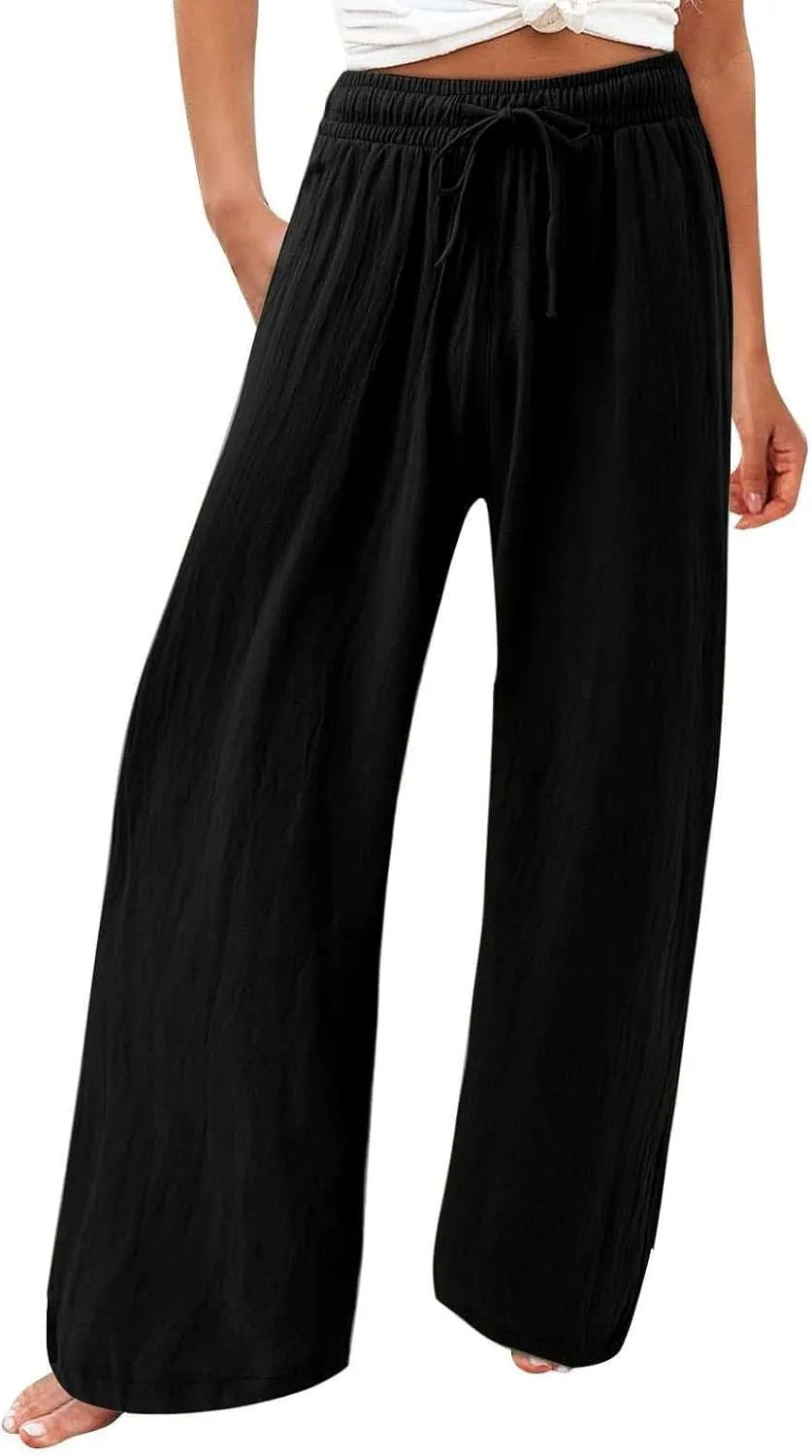 Linen Wide Leg Pants for Women Summer Casual High Waisted Palazzo Pants Boho Beach Vacation Trousers with Pockets