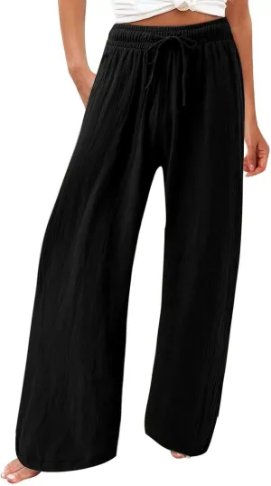 Linen Wide Leg Pants for Women Summer Casual High Waisted Palazzo Pants Boho Beach Vacation Trousers with Pockets