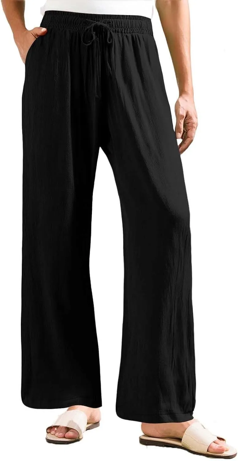 Linen Wide Leg Pants for Women Summer Casual High Waisted Palazzo Pants Boho Beach Vacation Trousers with Pockets
