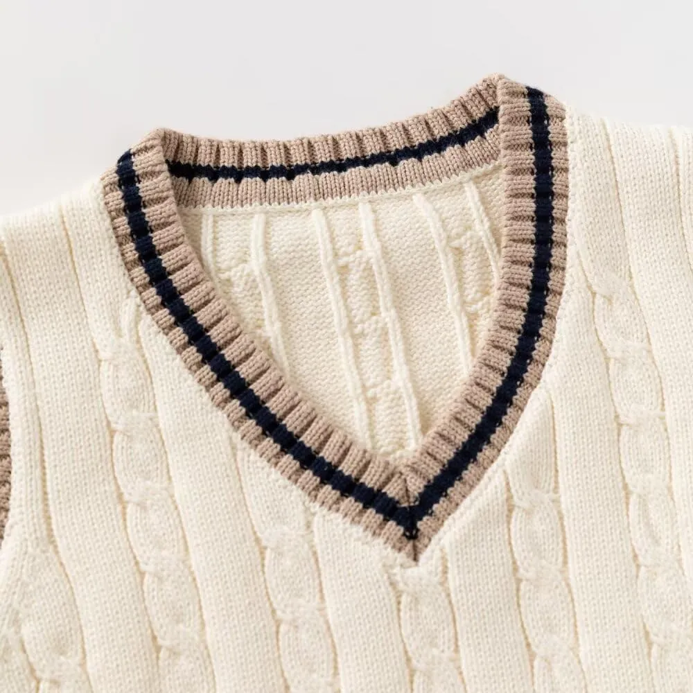 Little Boy Heart Striped Sweater Vest,Baby Girl Khaki Knit Waistcoat,Toddler Top