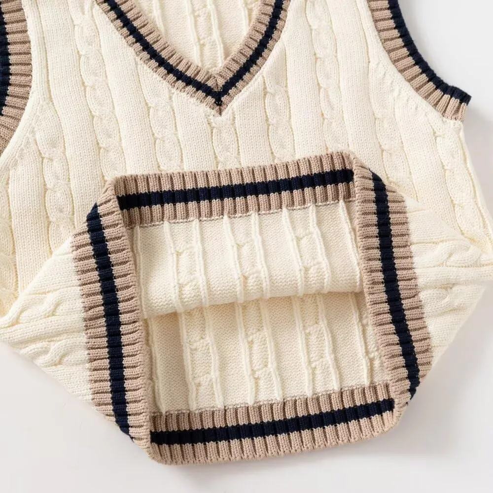 Little Boy Heart Striped Sweater Vest,Baby Girl Khaki Knit Waistcoat,Toddler Top