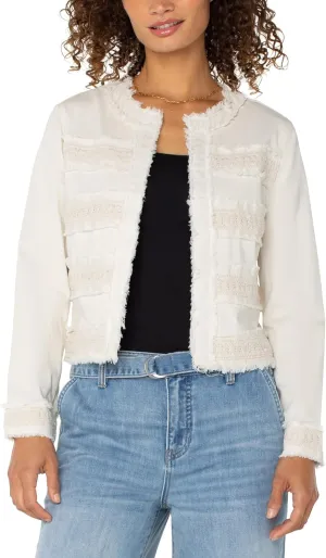 Liverpool Women's Collarless Jacket with Fray & Lace in Soft Touch Twill