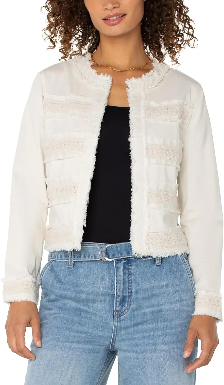 Liverpool Women's Collarless Jacket with Fray & Lace in Soft Touch Twill