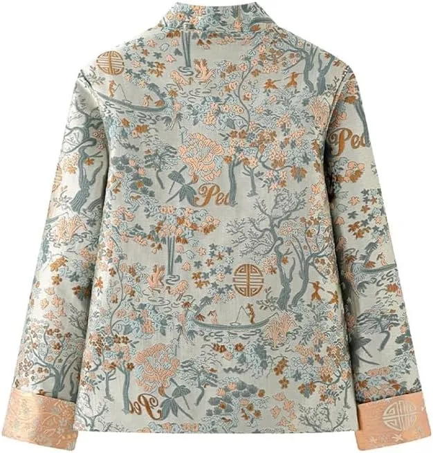 LIXINGHEITANG Chinese style heavy embroidered cotton coat for women autumn and winter button stand collar padded jacket