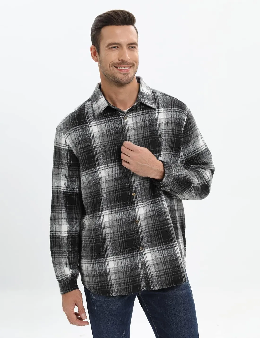 Locachy Men's Casual Cotton Plaid Shirts Long Sleeve Button-Down Flannel Overshirt Jacket