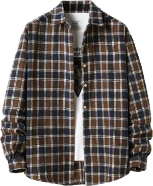 Locachy Men's Casual Cotton Plaid Shirts Long Sleeve Button-Down Flannel Overshirt Jacket
