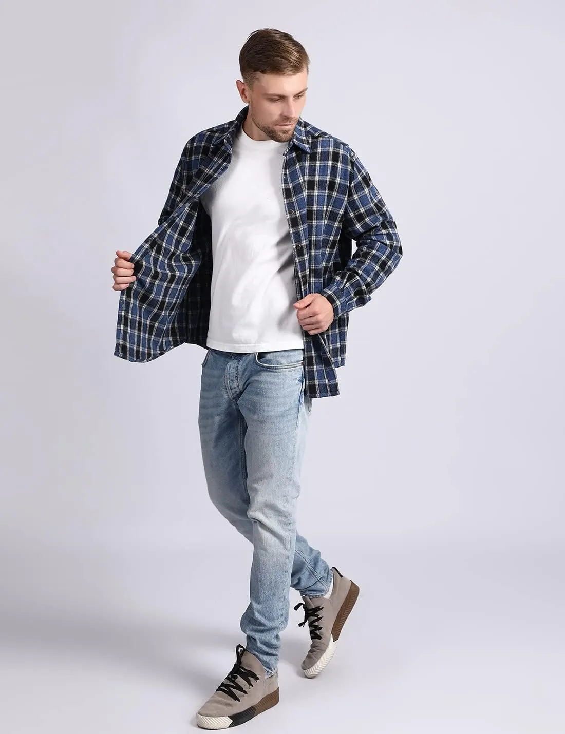 Locachy Men's Casual Cotton Plaid Shirts Long Sleeve Button-Down Flannel Overshirt Jacket