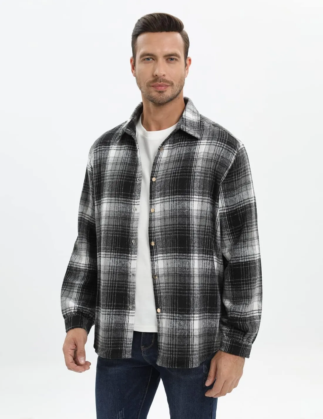 Locachy Men's Casual Cotton Plaid Shirts Long Sleeve Button-Down Flannel Overshirt Jacket