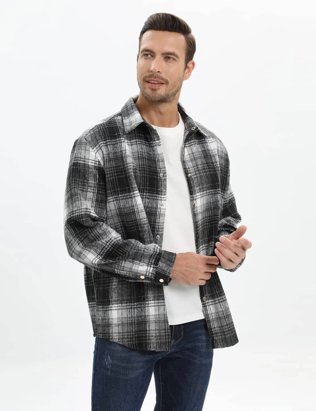 Locachy Men's Casual Cotton Plaid Shirts Long Sleeve Button-Down Flannel Overshirt Jacket