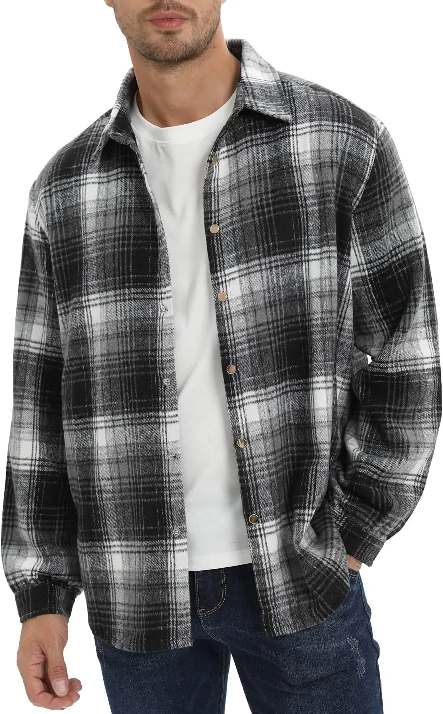 Locachy Men's Casual Cotton Plaid Shirts Long Sleeve Button-Down Flannel Overshirt Jacket