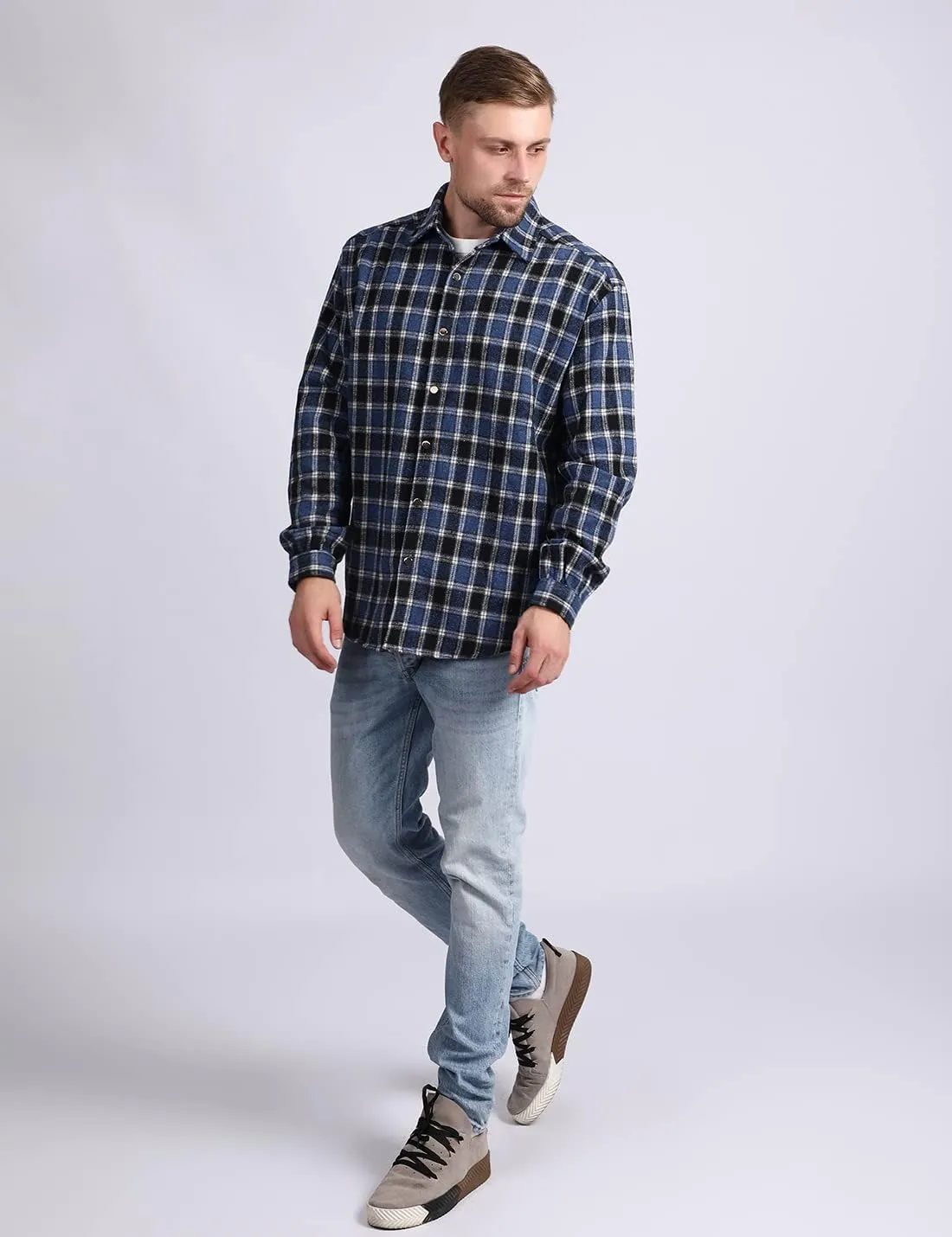 Locachy Men's Casual Cotton Plaid Shirts Long Sleeve Button-Down Flannel Overshirt Jacket