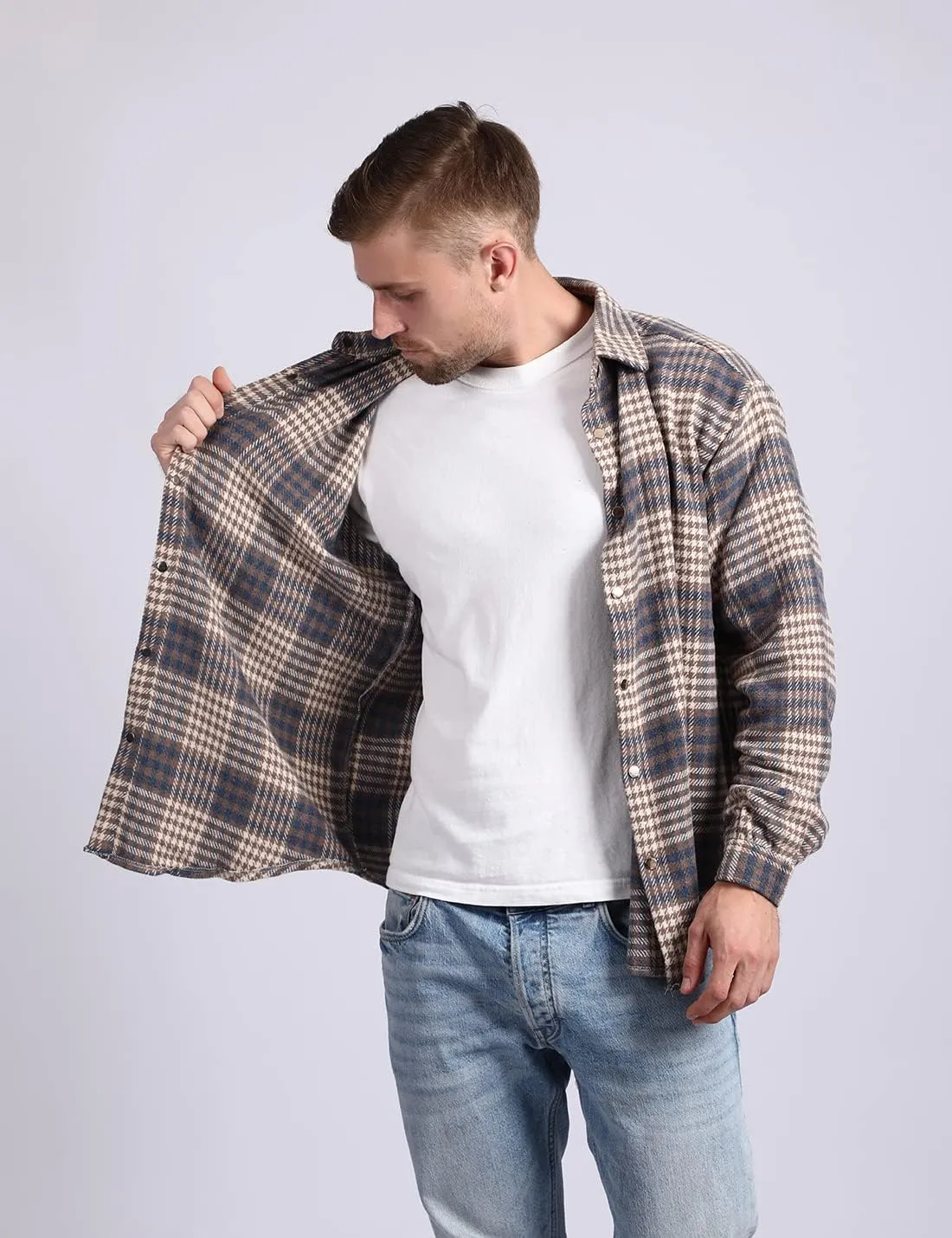 Locachy Men's Casual Cotton Plaid Shirts Long Sleeve Button-Down Flannel Overshirt Jacket