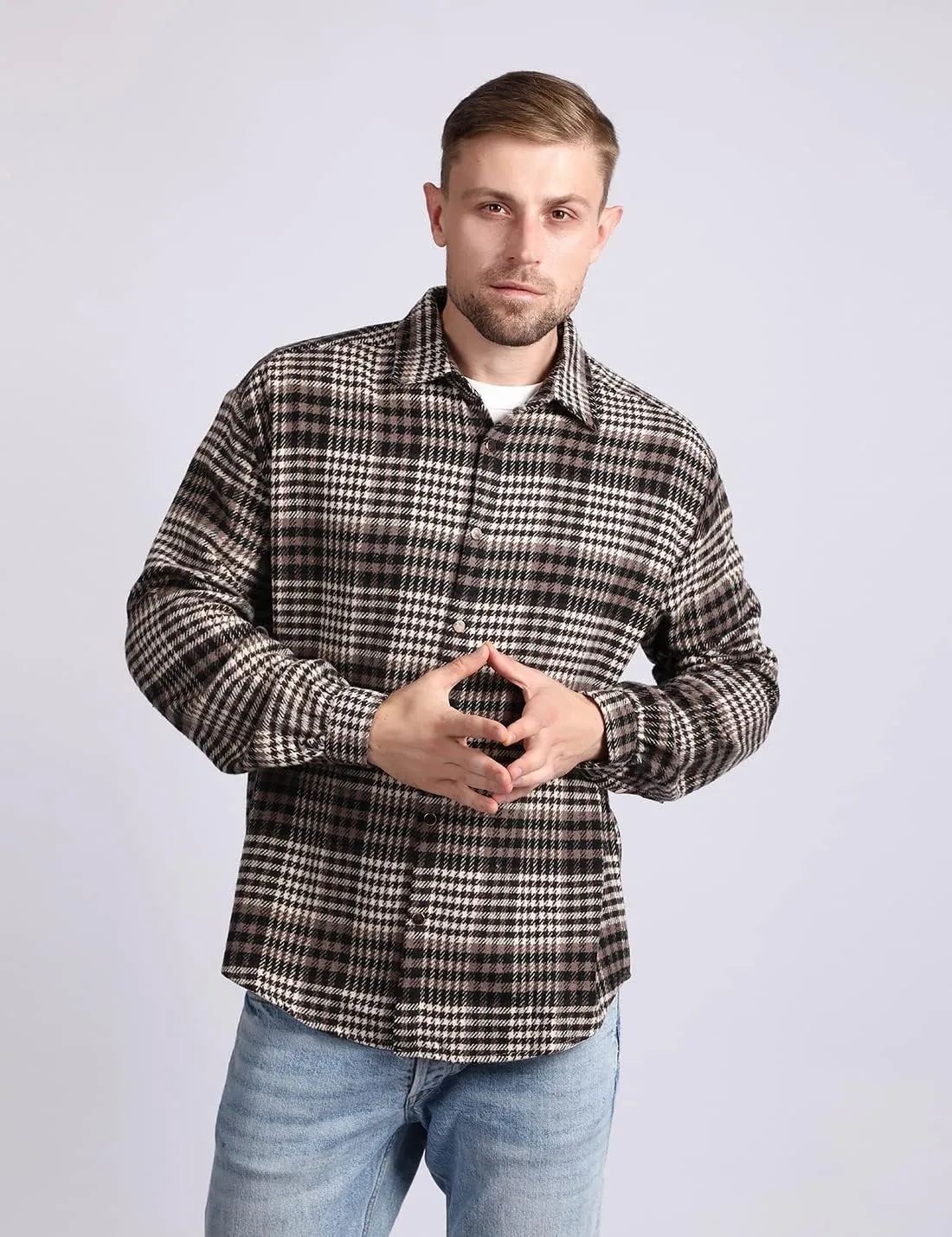 Locachy Men's Casual Cotton Plaid Shirts Long Sleeve Button-Down Flannel Overshirt Jacket