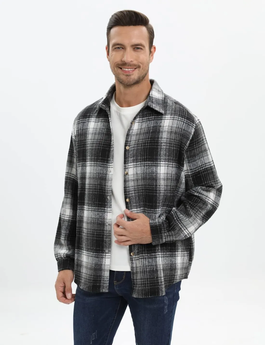 Locachy Men's Casual Cotton Plaid Shirts Long Sleeve Button-Down Flannel Overshirt Jacket