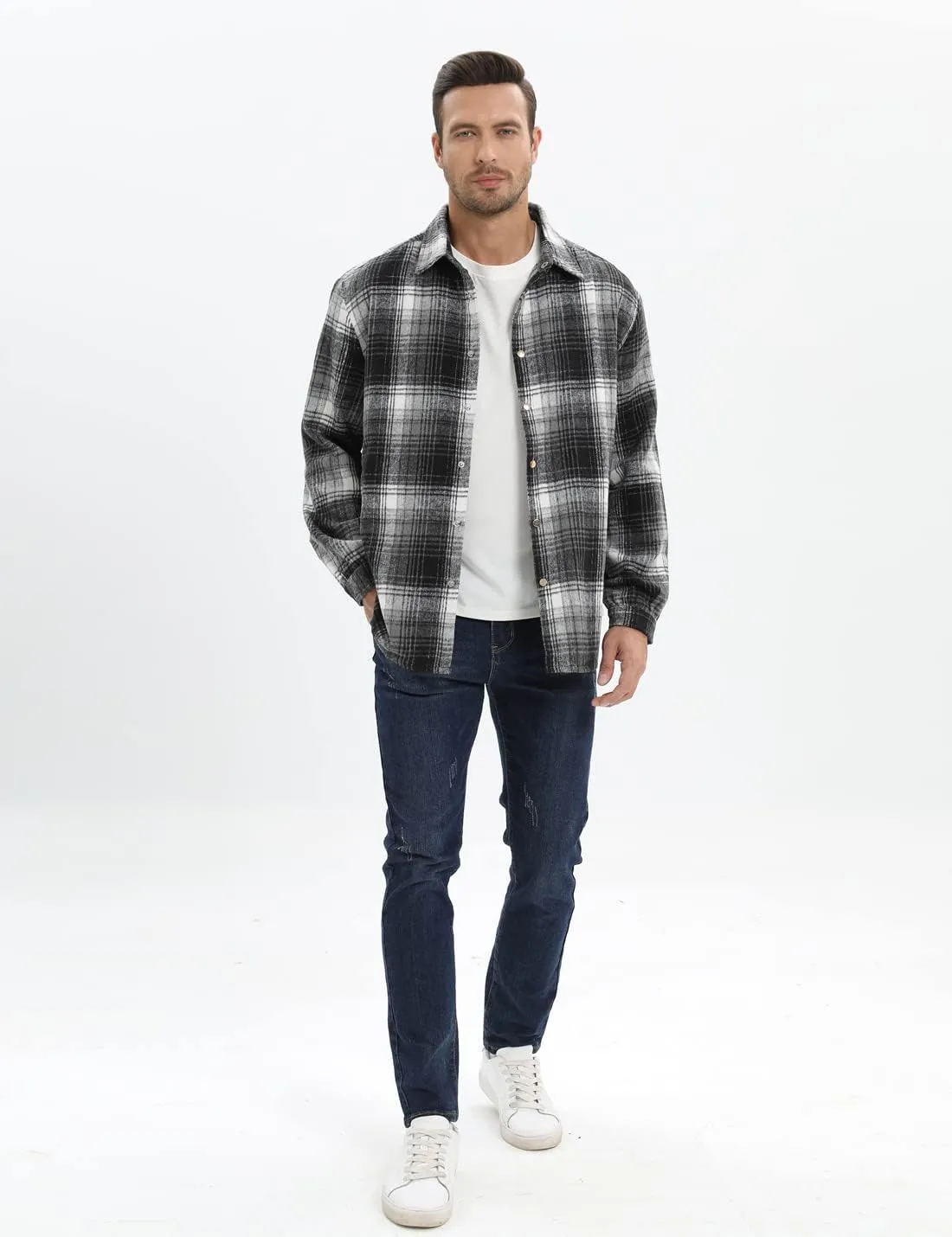 Locachy Men's Casual Cotton Plaid Shirts Long Sleeve Button-Down Flannel Overshirt Jacket
