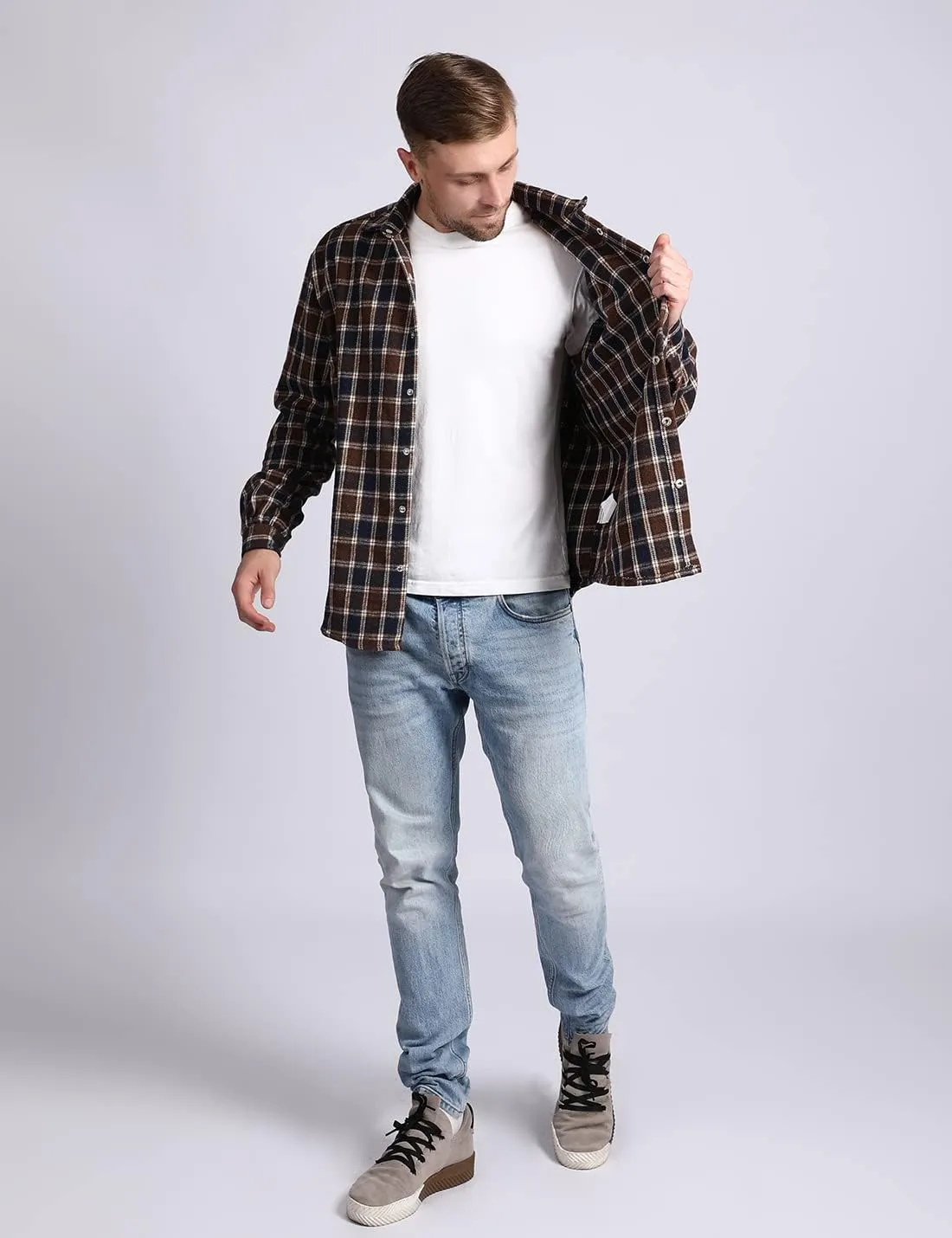 Locachy Men's Casual Cotton Plaid Shirts Long Sleeve Button-Down Flannel Overshirt Jacket