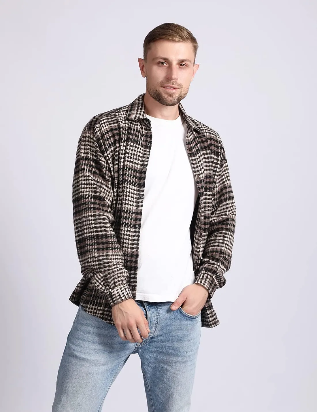 Locachy Men's Casual Cotton Plaid Shirts Long Sleeve Button-Down Flannel Overshirt Jacket