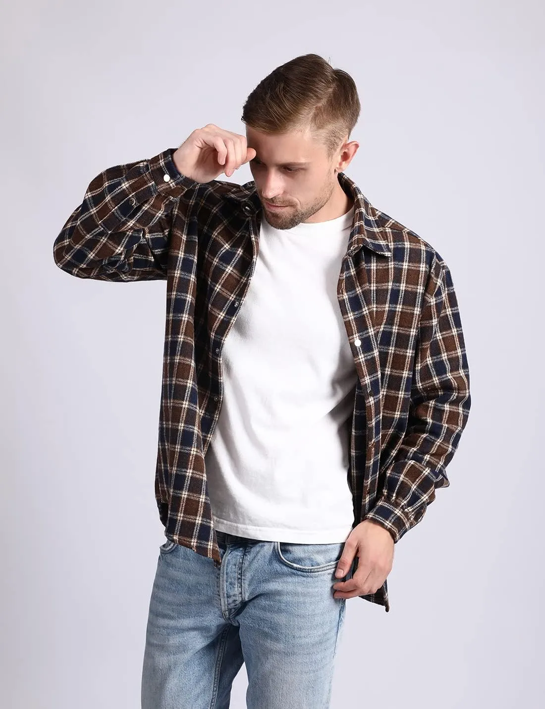 Locachy Men's Casual Cotton Plaid Shirts Long Sleeve Button-Down Flannel Overshirt Jacket