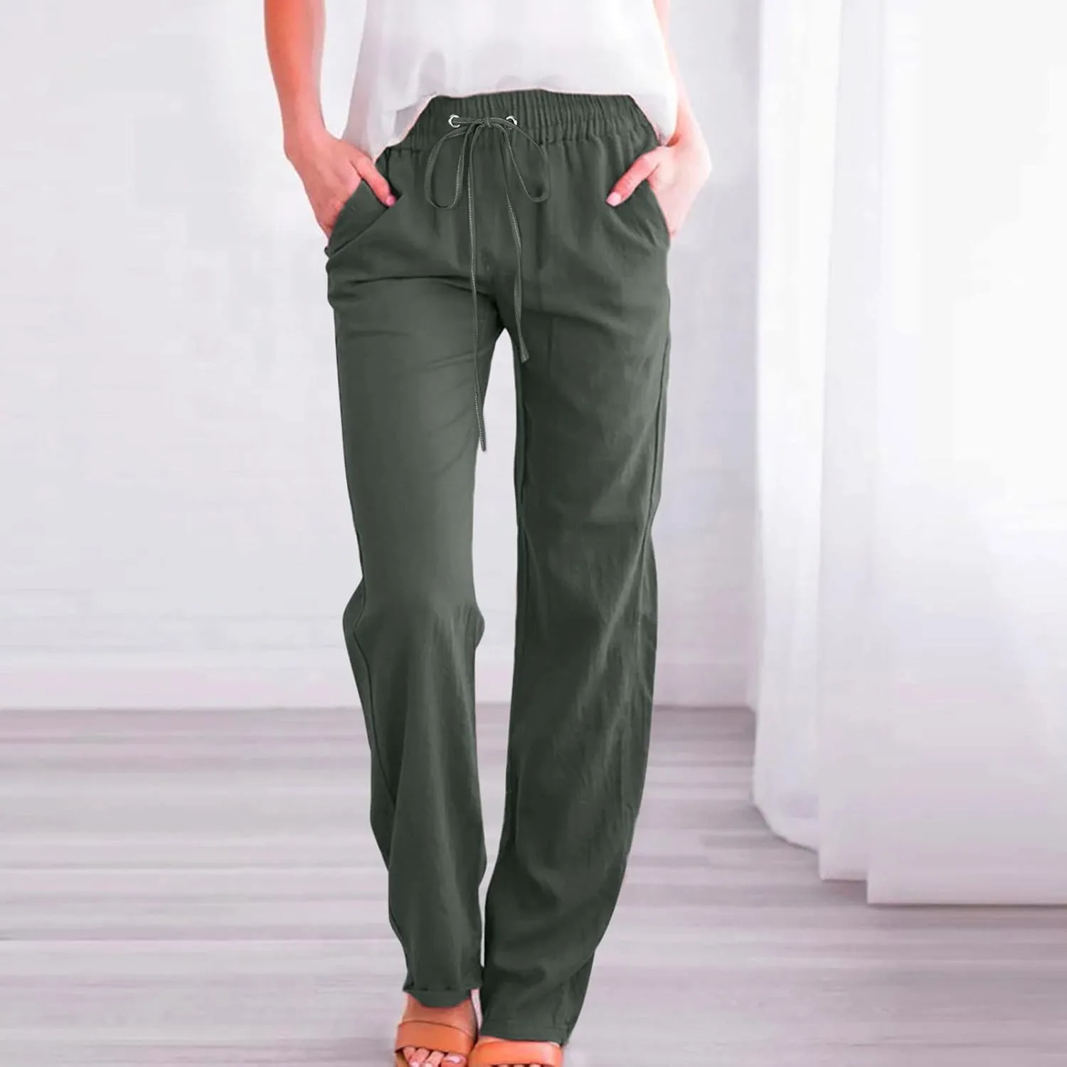 LRMQS Womens Casual Linen Pants 2024 Spring Drawstring Elastic Waist Trousers with Pockets Lounge Fashion Vacation Clothing