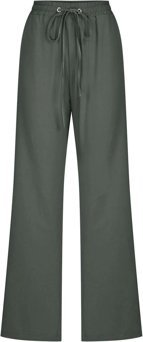 LRMQS Womens Casual Linen Pants 2024 Spring Drawstring Elastic Waist Trousers with Pockets Lounge Fashion Vacation Clothing
