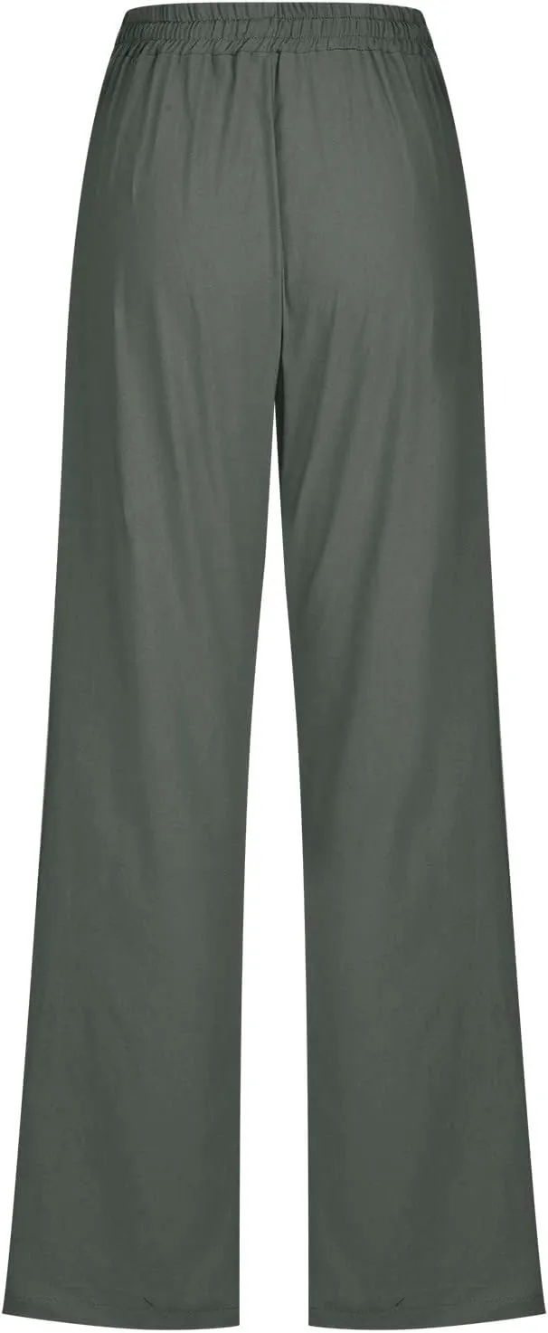 LRMQS Womens Casual Linen Pants 2024 Spring Drawstring Elastic Waist Trousers with Pockets Lounge Fashion Vacation Clothing