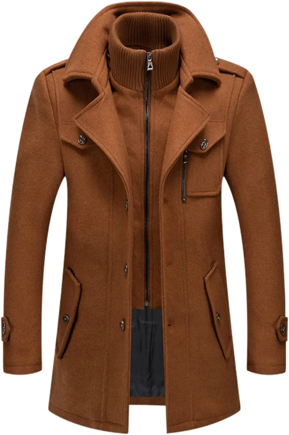 Lu's Chic Men's Winter Business Casual Zip Up Jacket Wool Trench Coat Slim Fit Top Coat Single Breasted Peacoat