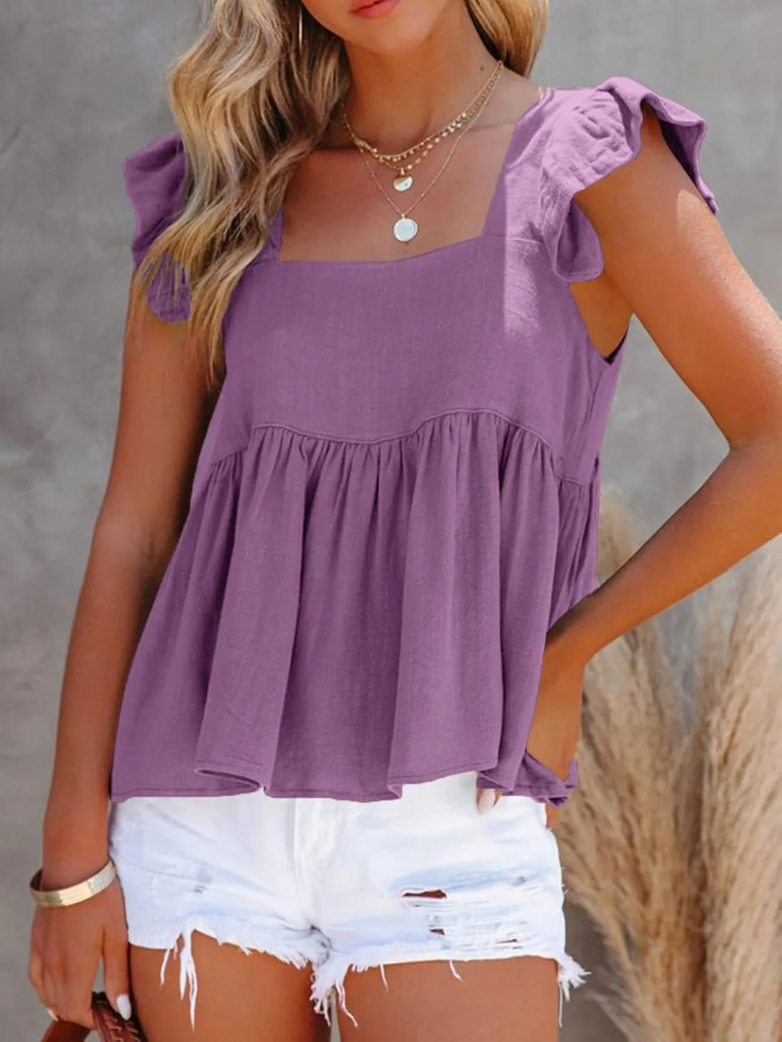 LYANER Women's Summer Sleeveless Peplum Blouse Square Neck Ruffle Strap Babydoll Tank Top
