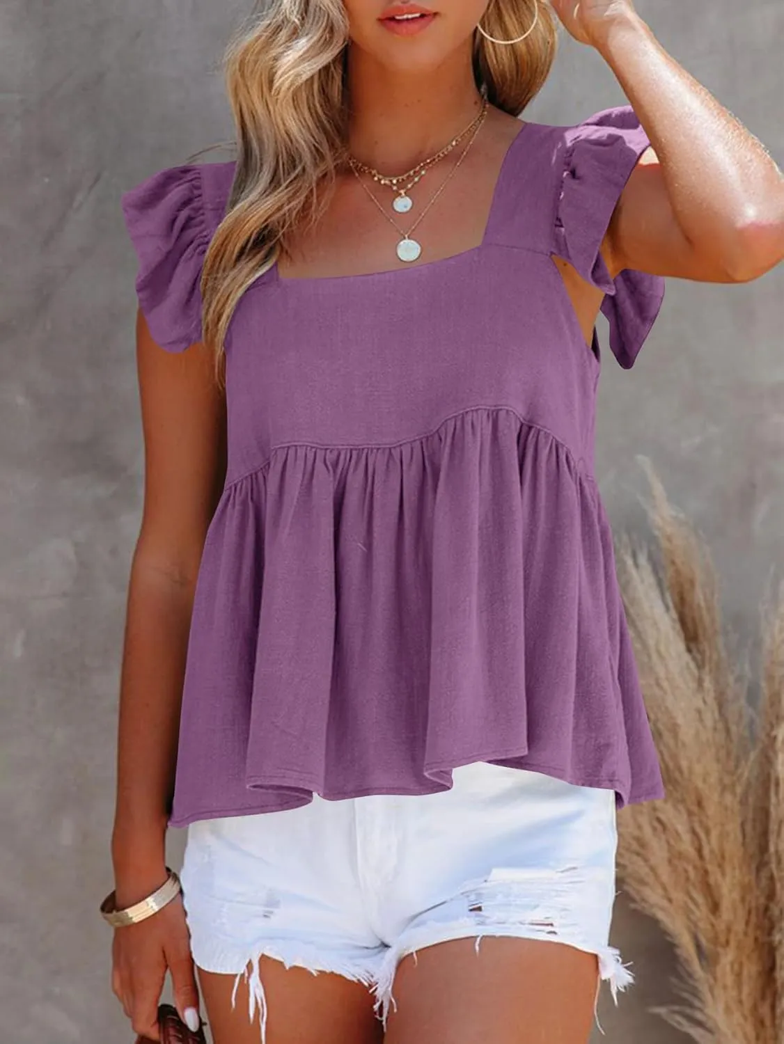 LYANER Women's Summer Sleeveless Peplum Blouse Square Neck Ruffle Strap Babydoll Tank Top