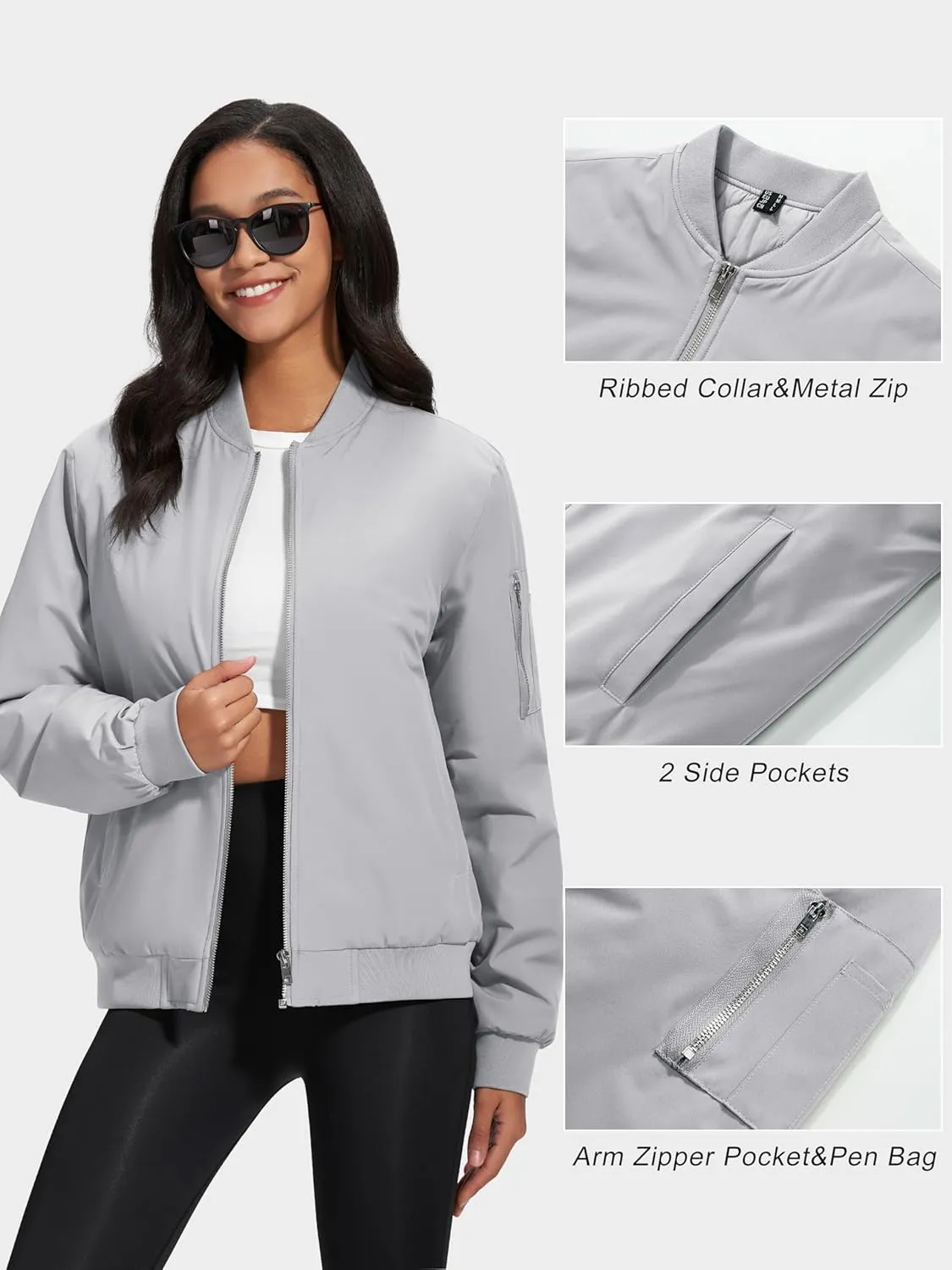 MAGCOMSEN Women's Winter Bomber Jacket Casual Basic Zip Up Padded Coats Water Resistant Long Sleeve Outwear with Pockets