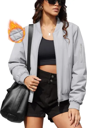 MAGCOMSEN Women's Winter Bomber Jacket Casual Basic Zip Up Padded Coats Water Resistant Long Sleeve Outwear with Pockets