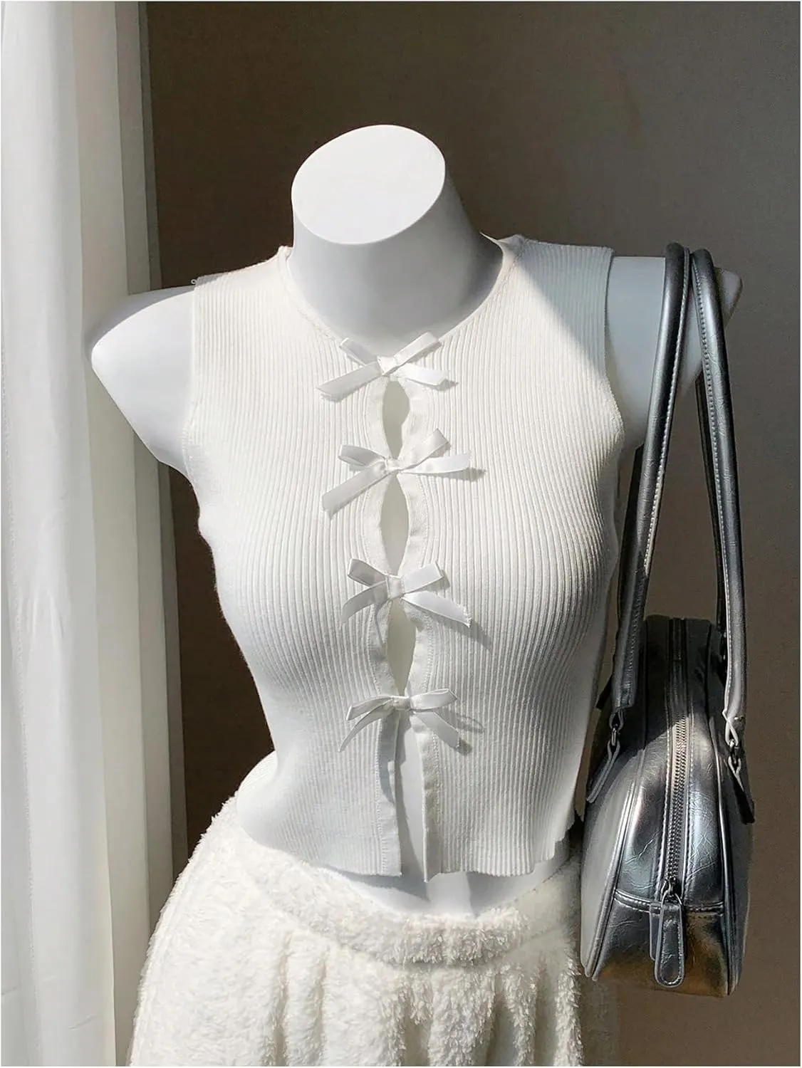 MakeMeChic Women's Bow Knot Sweater Vest Crew Neck Sleeveless Knit Vest Top