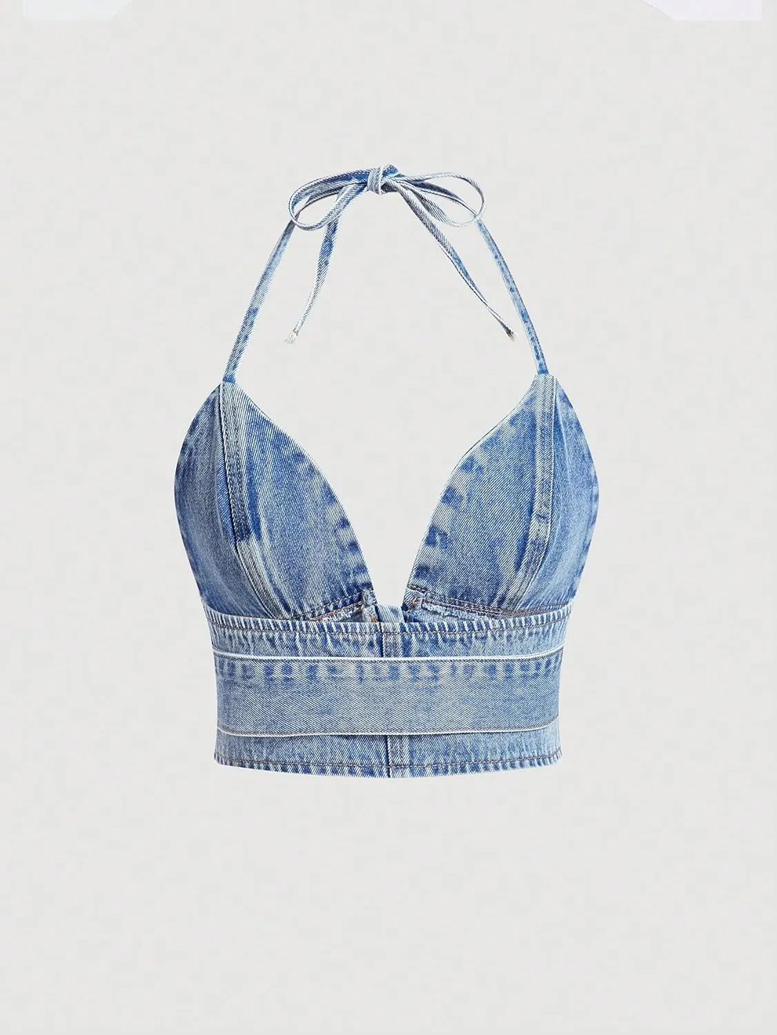 MakeMeChic Women's Halter Denim Top Tie Backless Buckle Cowgirls Jean Tank Crop Tops