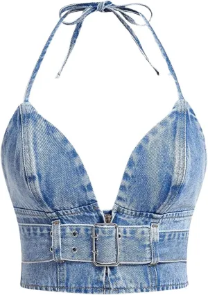 MakeMeChic Women's Halter Denim Top Tie Backless Buckle Cowgirls Jean Tank Crop Tops