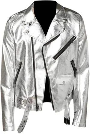 Men's Brando Slim Fit Shiny Silver Motorcycle Belted Leather Jacket, Faux/Real